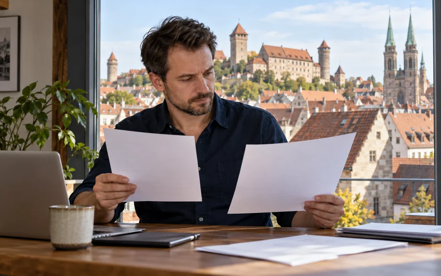22BET aktionscode: Erwachsene Person vergleicht Unterlagen vor Nürnberger Altstadtdächern.