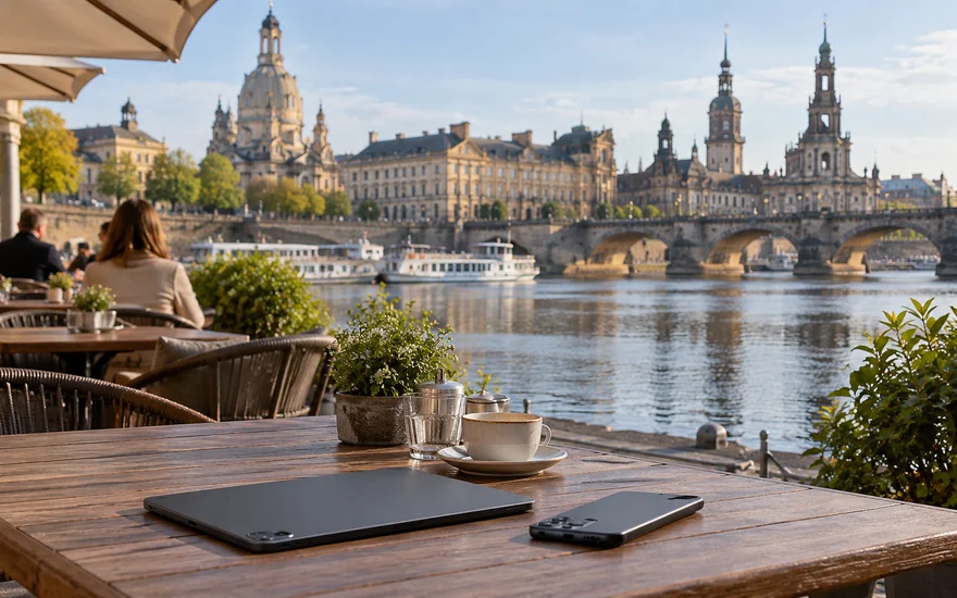 22BET app: Tablet und Smartphone auf einem Cafétisch an der Dresdner Elbe.