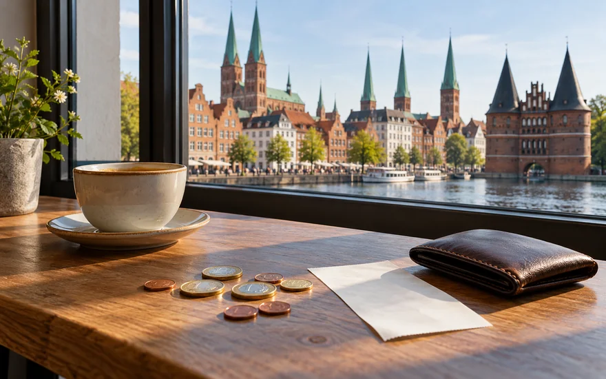 22BET auszahlung: Münzen und geschlossene Geldbörse an einem Lübecker Fenster.