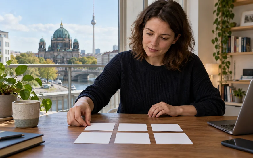 beste online casinos: Unbeschriftete Vergleichskarten auf einem Berliner Schreibtisch.