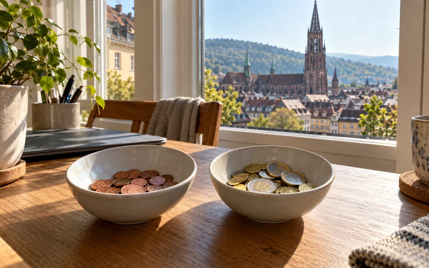 22BET bonus: Euro-Münzen in zwei schlichten Schalen auf einem Freiburger Schreibtisch.
