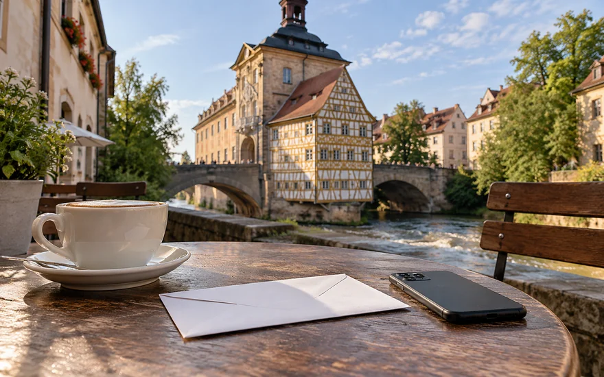 casino bonus ohne einzahlung: Geschlossener Umschlag und Smartphone an einem Bamberger Cafétisch.