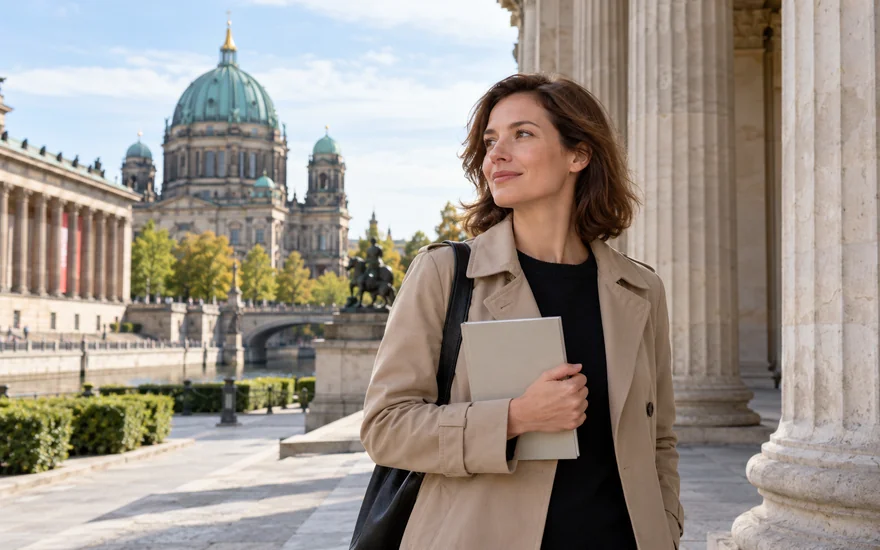 book of dead: Erwachsene Person mit geschlossenem Museumsführer im Berliner Museumsviertel.
