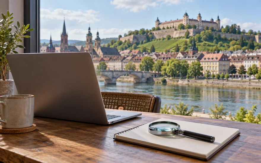 22BET erfahrungen: Lupe und Notizbuch neben einem Laptop mit Blick auf Würzburg.