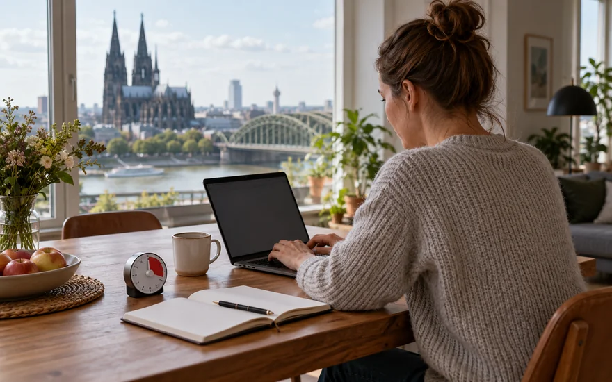 freispiele ohne einzahlung: Laptop und kleiner Timer an einem Arbeitsplatz in Köln.