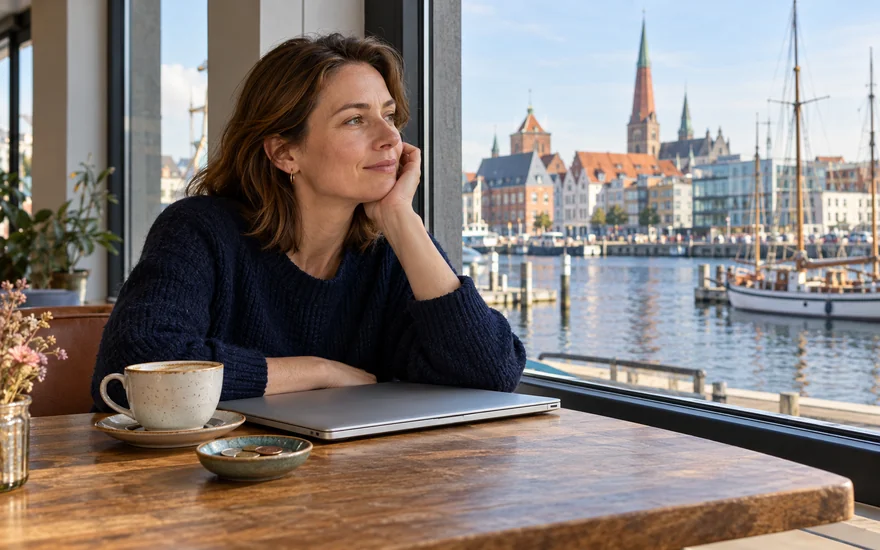 freispiele ohne einzahlung: Erwachsene Person pausiert neben einem geschlossenen Laptop am Rostocker Hafen.