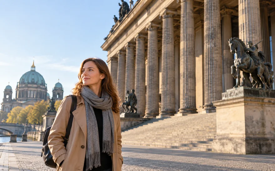 gates of olympus: Erwachsene Person vor einer klassizistischen Berliner Museumskolonnade.