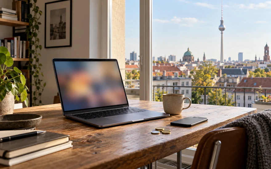22BET: Laptop und Smartphone auf einem Holztisch mit Blick über Berliner Dächer.