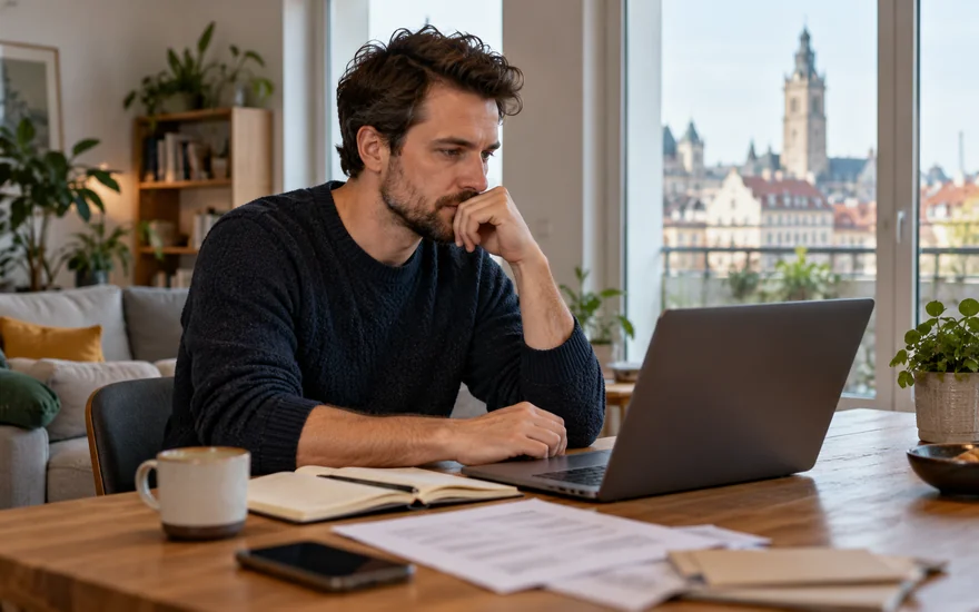 klarna casino: Erwachsene Person prüft einen Laptop in einer Leipziger Wohnung.