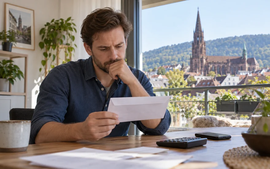 klarna casino: Bankumschlag und Taschenrechner neben einem Smartphone in Freiburg.