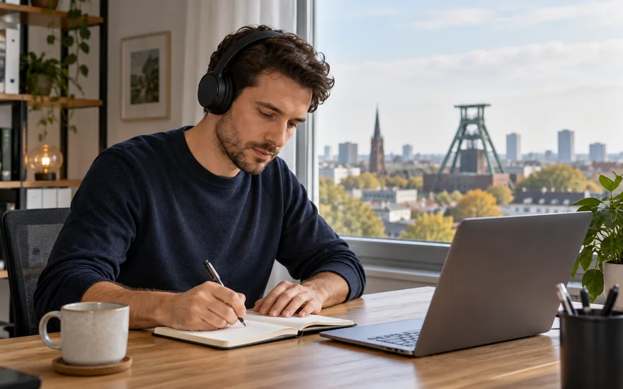 22BET kontakt: Erwachsene Person mit Headset und Notizbuch an einem Essener Schreibtisch.