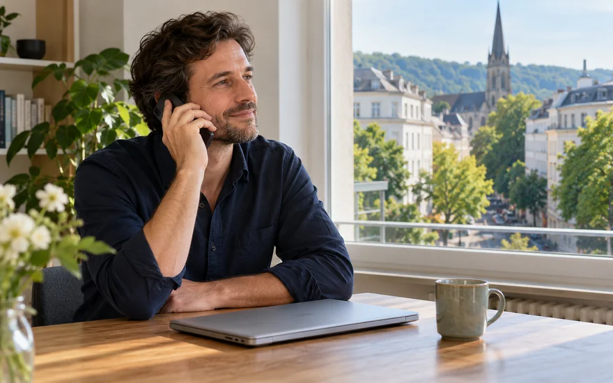 22BET kontakt: Erwachsene Person telefoniert neben einem geschlossenen Laptop in Bonn.