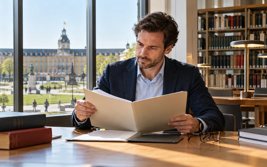 22BET legal in deutschland: Erwachsene Person prüft eine Aktenmappe an einem Karlsruher Bibliothekstisch.