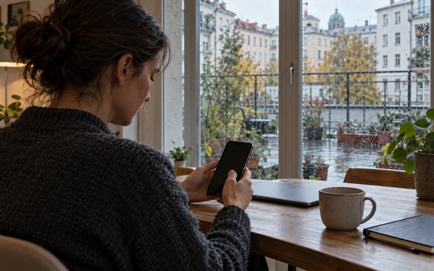 22BET login: Erwachsene Hand am Smartphone in einem Berliner Arbeitszimmer.