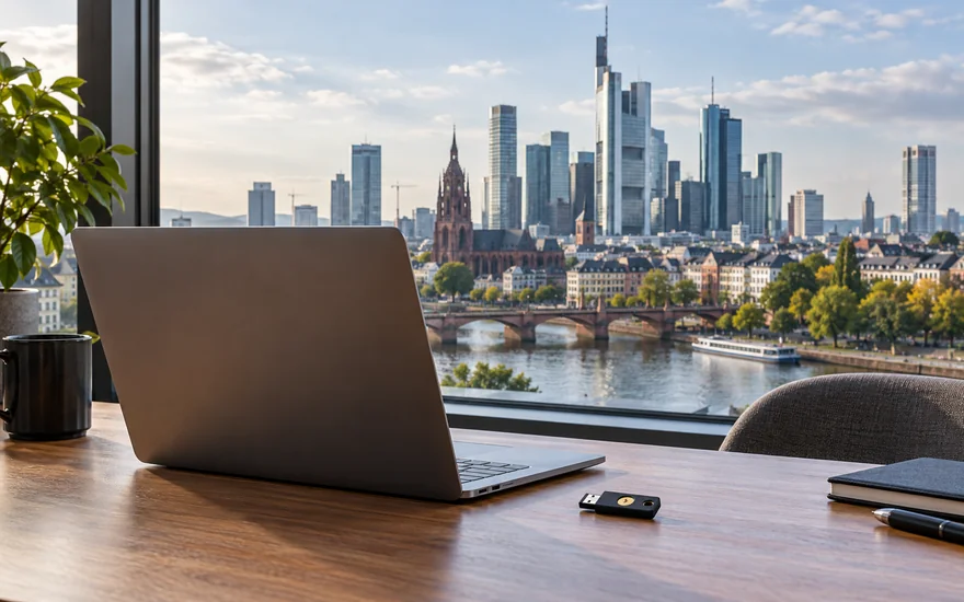 22BET login: Geschlossener Laptop auf einem Schreibtisch vor der Frankfurter Skyline.