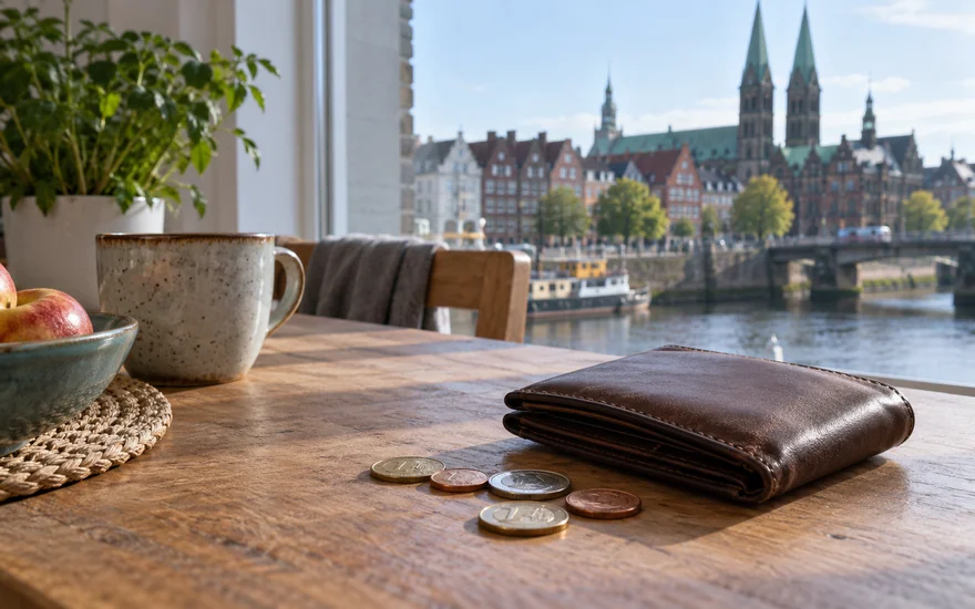 casino mindesteinzahlung: Kleine Anzahl Euro-Münzen und Geldbörse auf einem Bremer Küchentisch.