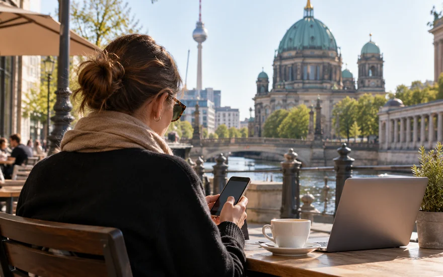 paypal casino: Erwachsene Person hält ein Smartphone an einem Berliner Cafétisch.