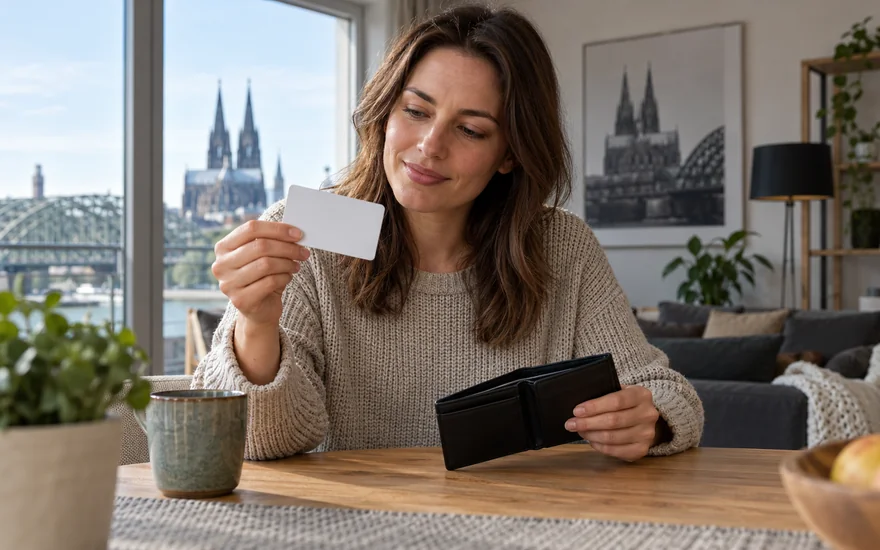 paysafecard casino: Erwachsene Person hält einen unbeschrifteten Gutschein neben einer Geldbörse in Köln.