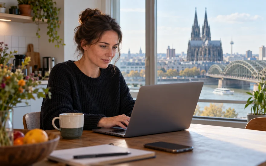 22BET registration: Laptop an einem Küchentisch mit Blick zum Kölner Dom.