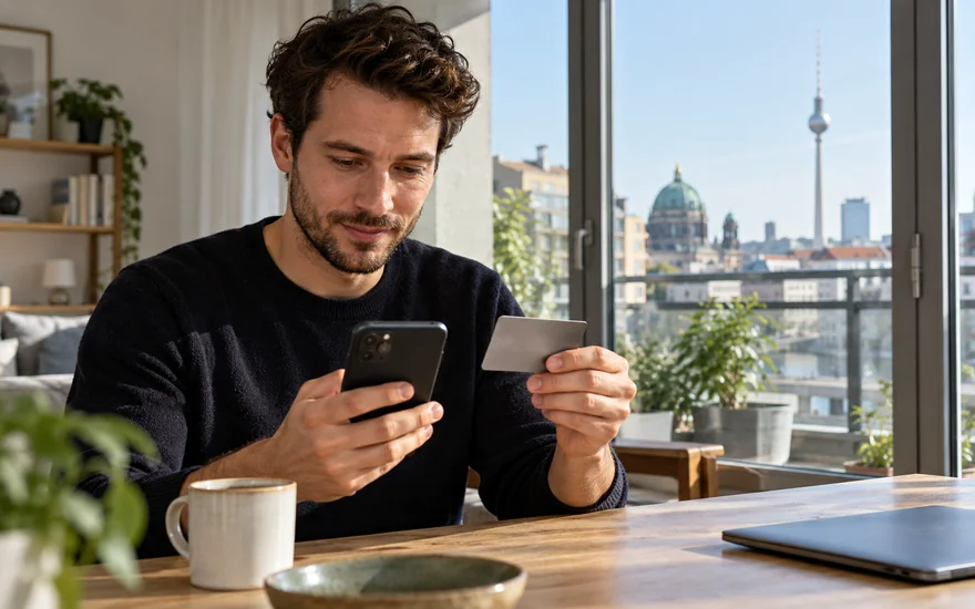 revolut casino: Unbeschriftete Metallkarte neben einem Smartphone in einer Berliner Wohnung.