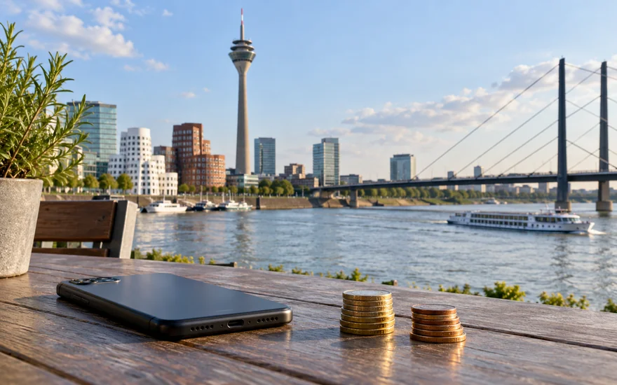 revolut casino: Smartphone und kleine Münzgruppen auf einem Düsseldorfer Tisch.