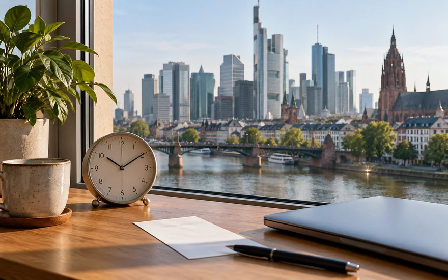 casino schnelle auszahlung: Analoge Tischuhr neben einem Beleg und Laptop in Frankfurt.