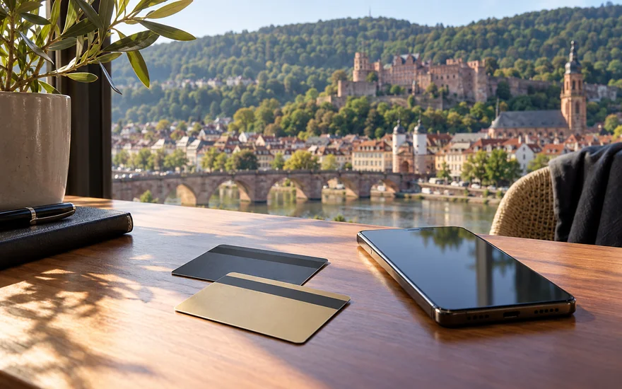 skrill casino: Umgedrehte Karten und Smartphone auf einem Heidelberger Schreibtisch.