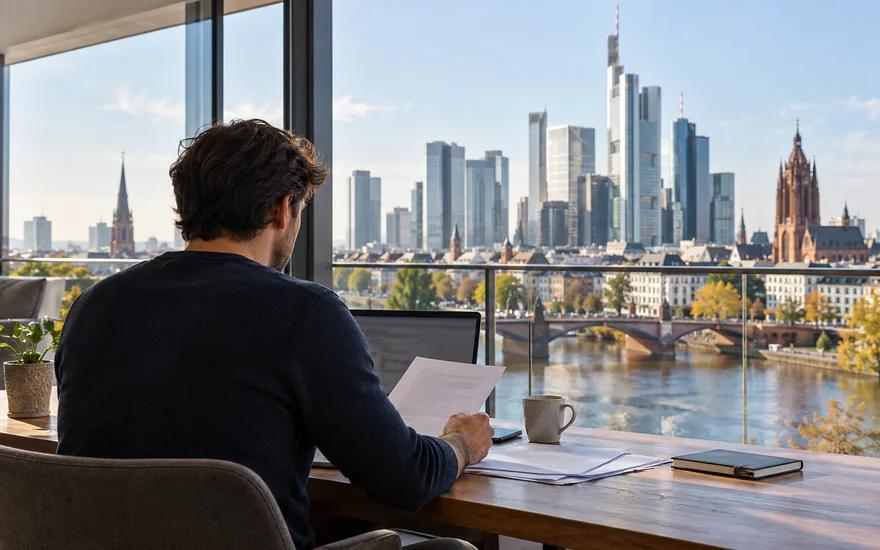 trustly casino: Erwachsene Person am Laptop vor der Frankfurter Skyline.