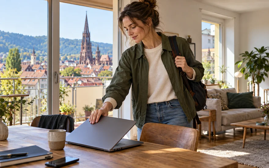 verantwortungsvolles spielen: Erwachsene Person schließt den Laptop vor einem Spaziergang in Freiburg.