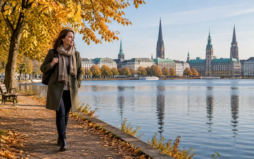 verantwortungsvolles spielen: Erwachsene Person geht im Herbst an der Hamburger Alster spazieren.