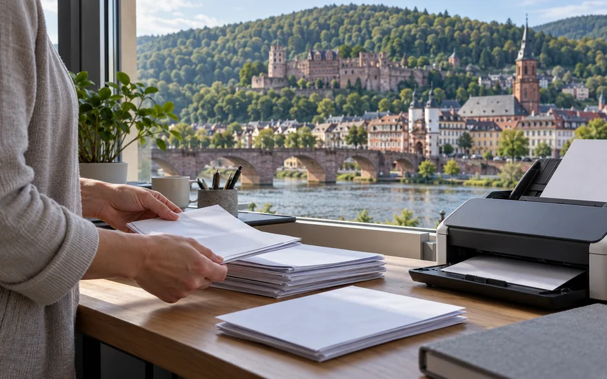 22BET verifizierung: Erwachsene Hände ordnen Umschläge neben einem Scanner in Heidelberg.